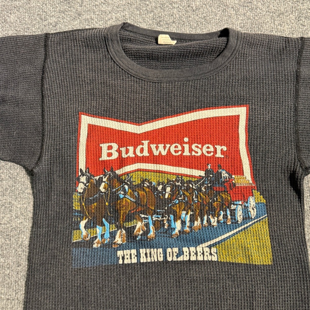 Vintage Budweiser Clydesdales Thermal Shirt Mens Large Gray Waffle Knit USA Made - Picture 3 of 8